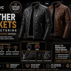 May include: A promotional graphic for leather jacket manufacturing featuring a black and a brown leather jacket with quilted shoulder detailing, zippered pockets, and stand-up collars, alongside text detailing custom design and production services.