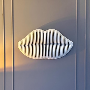 May include: A white, layered, lip-shaped wall decoration. The lips are made of vertical, evenly spaced slats, creating a three-dimensional effect. The artwork is mounted on a gray wall.