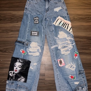 Made to Order Customizable Super Stacked Double Denim Baggy Jeans with Patchwork