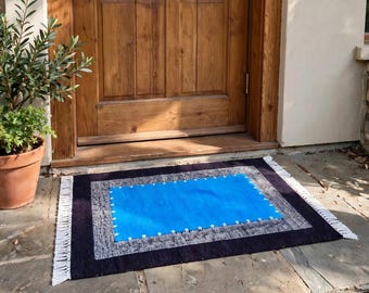 Handwoven Wool Boho Wall Hanging, Entryway  Rug – Blue Tassels, Boho Textile Art 2by3 ft