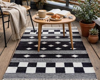 Handwoven Wool Boho Entryway Rug 2x3 ft, Dark Tassel Door Mat, Bath Mat, Small Area Rug, Boho Wall Hanging, Handmade Textile Art