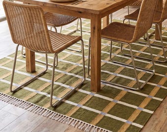 Geometric Checked Grid Area Carpet for Living Room, Boho Handwoven Tassel Rug, Custom Size Available 8x10, 9x12 ft