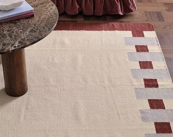 Handwoven Blue Red Kilim Rug – Modern Minimalist Home Decor, Artisan Crafted Wool Floor Rug for Living Room & Bedroom