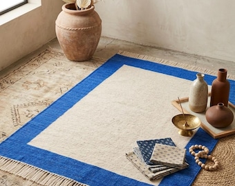 Handwoven Wool Kilim Rug, White & Blue Plain Boder, Boho Tribal Decor (2x3 ft)