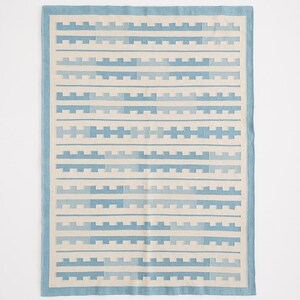 Striped Blue Wool Cotton Dhurrie Handwoven Kilim Carpet Flatweave Modern Reversible 5x8 ft