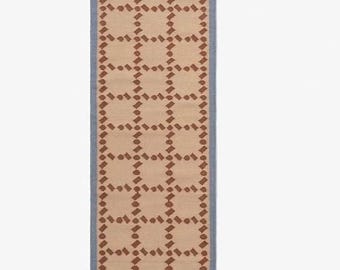 Scandinavian Long Area Runner Wool Rug Blue Rust & Beige – Modern Minimalist Carpet