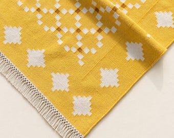 Handwoven Wool Cotton Kilim Rug, Yellow Geometric Boho Runner 3x5
