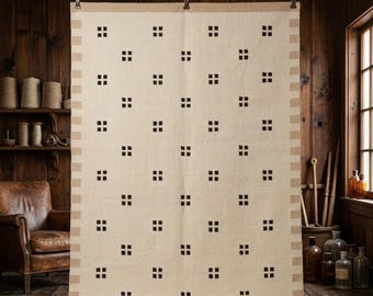 Handwoven Wool Cotton Flatweave Rug, Ivory Beige Black Dot Modern Area Rug