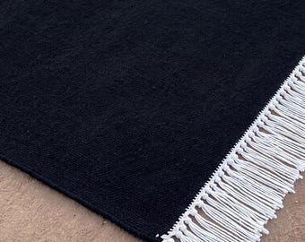 Handwoven Black Wool Cotton Runner Rug: Minimalist Indian Hallway Carpet
