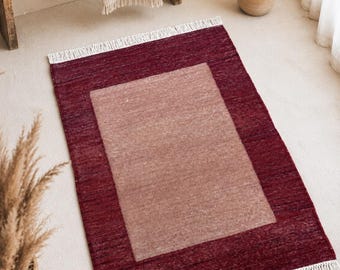 Handwoven Wool Rug – Burgundy Tassels, Boho Textile Art (2x3 ft)