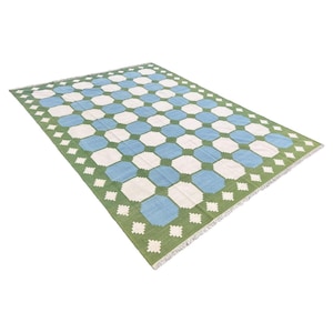 Wool Cotton Dhurrie Rug Green Reversible Handwoven Kilim Carpet 4x6 ft Flatweave Area Rug