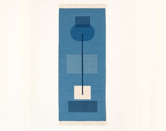 Blue Wool Kilim Runner Rug: Handwoven Geometric Dhurrie with Fringe