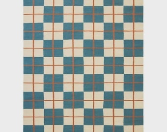 Handwoven Wool Cotton Flatweave Rug, Blue Indian Oushak Carpet, 6x9 Boho Style