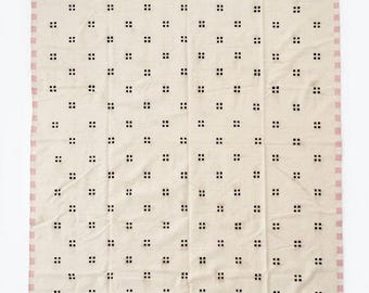 Handwoven Wool Cotton Flatweave Rug – Black Dot, Pink Border Carpet
