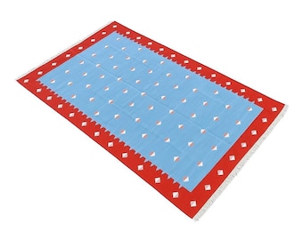 Alfombra Kilim de lana tejida a mano: Alfombra Dhurrie de tejido plano azul estilo bohemio