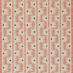 May include: A rectangular area rug featuring a cream-colored background with vertical stripes of coral-colored ikat-style jagged patterns. Small, dark brown square dots are evenly spaced within the cream sections between the coral vertical bands.