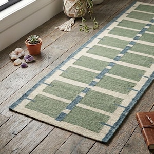 May include: A long rectangular runner rug featuring a repeating geometric pattern of sage green blocks separated by thin cream-colored stripes and bordered by dark blue lines, laid out flat on a rustic wooden floor surface.