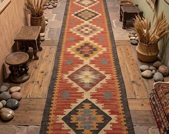 Handwoven Wool Jute Kilim Runner Rug – Southwestern Geometric Dhurrie, Boho Hallway Carpet