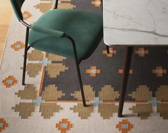 Boho Wool Cotton Flatweave Rug Handmade, Kilim Dhurrie Carpet for Living Room Bedroom