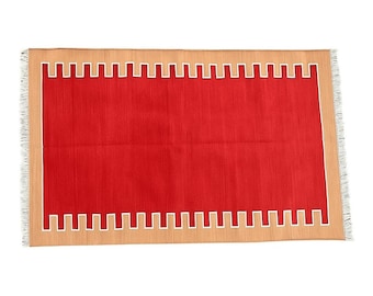 Handwoven Red Wool & Cotton Dhurrie Rug: Indian Kilim, 6x8 ft