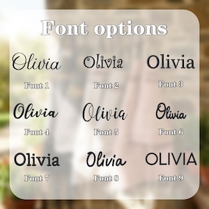 May include: A graphic showcasing nine different font options for the name "Olivia." Each font style is displayed with the name and a corresponding font number. The text "Font options" is at the top.