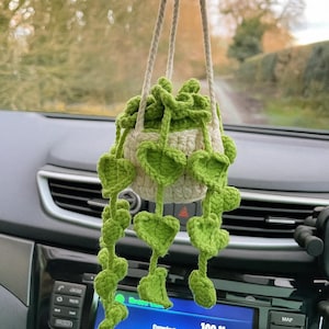 Crochet hanging plant for car, crochet satin pothos, car plant, car mirror hanging accessories, crochet monstera plant, crochet plan for mom