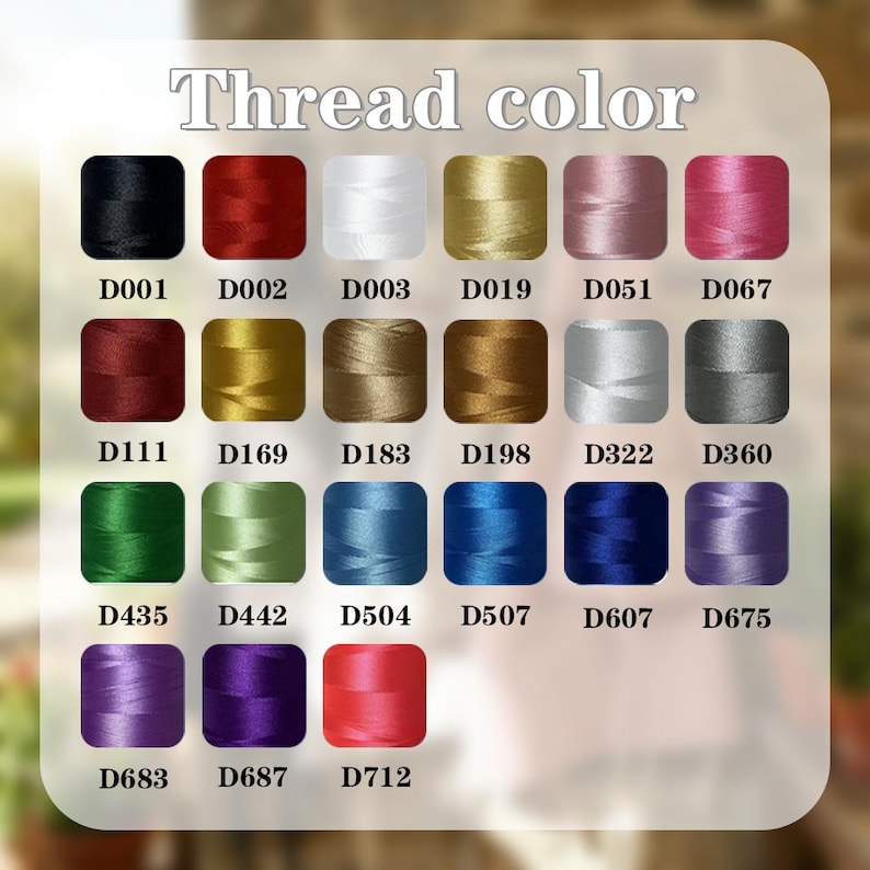 May include: A color chart displaying a variety of thread colors. The chart includes a range of hues, from black and red to gold, blue, and purple. Each color is labeled with a corresponding code, such as D001, D002, and D003, under the title "Thread color."