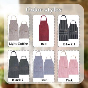 May include: An image showcasing six different color styles of aprons. The aprons are displayed in pairs, with one adult-sized and one child-sized apron. The color options include light coffee, red, black, blue, and pink. The text "Color styles" is at the top.