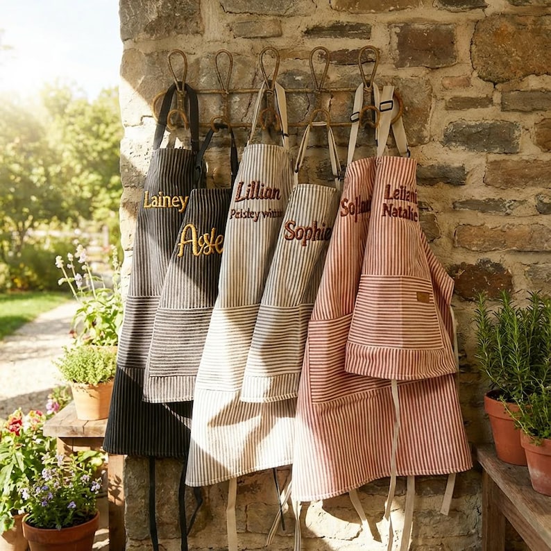 May include: A collection of personalized aprons hanging on a stone wall. The aprons are in various colors, including black, gray, and red, with vertical stripes. Each apron has a name embroidered on it in a contrasting color.