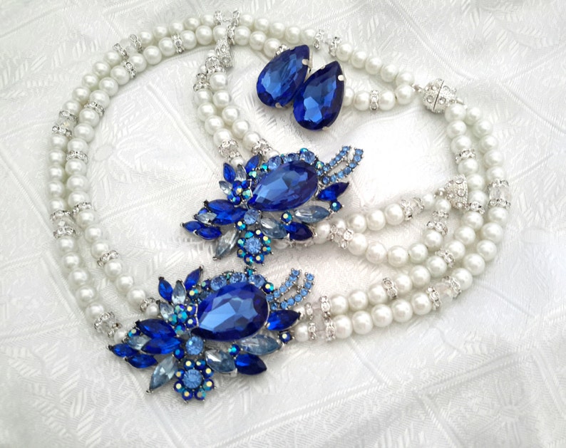 Something Blue Bridal Jewelry SET 3 items blue, Swarovski Pearls Necklace bracelet and Earrings Something Blue Weddings necklace Brid image 1