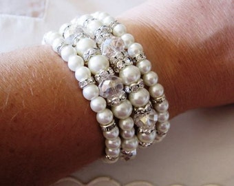 Bridal Pearl Bracelet Swarovski pearls and rhinestone  Bracelet - 4 Strand Pearl - Made to Order