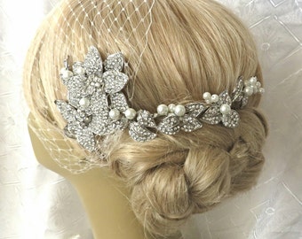 Bridal Hair Comb and a Birdcage Veil  (2 Items), bird cage veil  bridal veil,Headpieces ,bridal pearl comb ,Swarovski Pearls Wedding