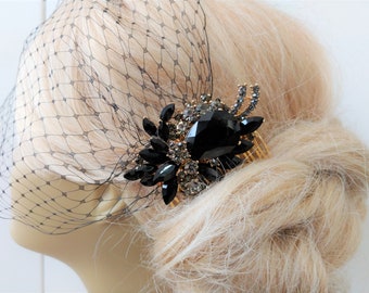 Birdcage Veil  and a Bridal Hair Comb (2 Items) Gold Plate  Black SET Bridal Headpiece Rhinestone Bridal Hair Comb Weddings