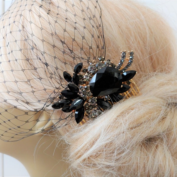 Birdcage Veil  and a Bridal Hair Comb (2 Items) Gold Plate  Black SET Bridal Headpiece Rhinestone Bridal Hair Comb Weddings