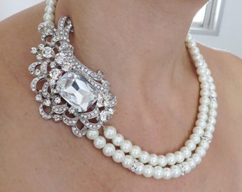 Bridal Necklace, Pearly Necklace ,wedding Necklace - Ivory Swarovski Pearls and rhinestone  Necklace