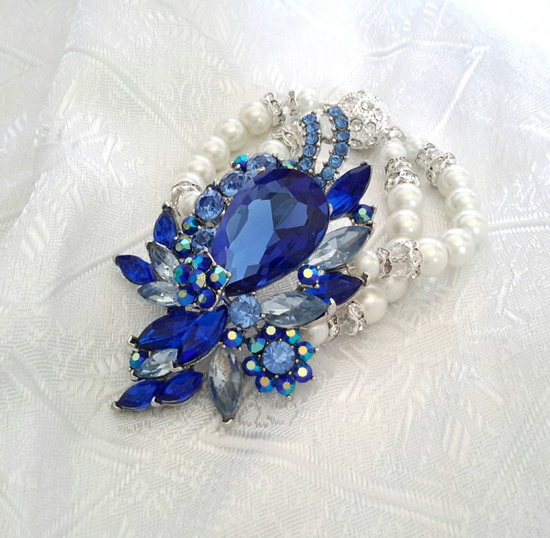 Something Blue Bridal Jewelry SET 3 items blue, Swarovski Pearls Necklace bracelet and Earrings Something Blue Weddings necklace Brid image 4