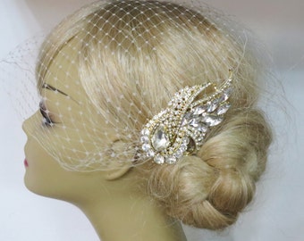 Golden Comb and Birdcage Veil ,bridal veil, Floral Hair Comb, Wedding Hair Comb, Bridal Hair Comb, Gold Comb Gold Plated a headpieces rhines