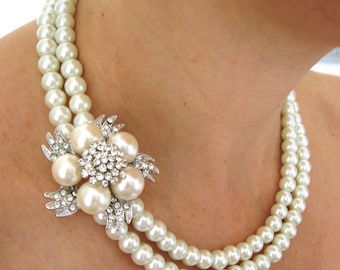 Bridal Jewelry Set- (2 Items ) Bridal Necklace and Bracelet - Swarovski pearls and rhinestone  Necklace,Pearl Bridal Necklace