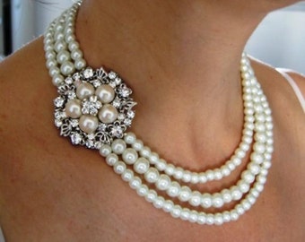 BRIDAL SET -  (2 Items )- Laura -  Ivory Swarovski Pearls and rhinestone Necklace and Bracelet -  Made to Order