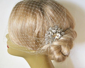 Bridal Veil and Bridal Comb,bridal veil, Bandeau Birdcage Veil, Bird Cage Veil , With Rhinestone Fascinator Comb   Bridal Headpiece