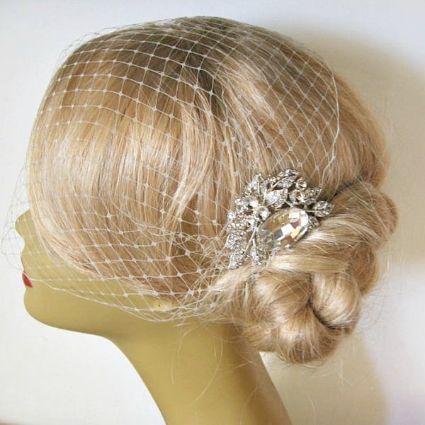 Bridal Veil and Bridal Comb,bridal veil, Bandeau Birdcage Veil, Bird Cage Veil , With Rhinestone Fascinator Comb   Bridal Headpiece