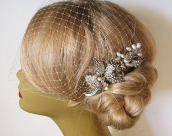 Birdcage Veil and a Hair Comb -(2 Items) - Bridal Headpiece,Rhinestone Bridal Comb, Blusher Bird Cage Veil  Natural Freshwater Pearl Head