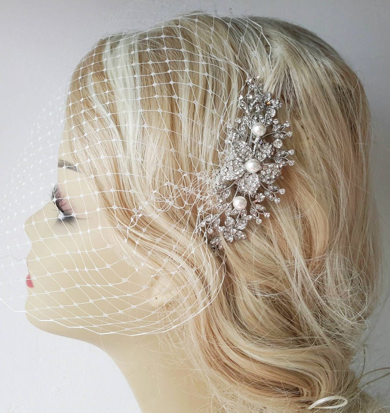 Headpieces Birdcage Veil, - Bridal Headpiece 2 Items Bridal Comb Hair Comb and a Birdcage Veil - Weddings comb,Blusher Bird Cage Veil