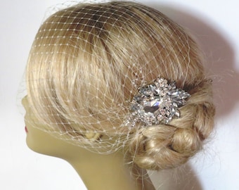 Wedding Bridal Veil and Bridal Comb, Bandeau Birdcage Veil, Blusher Bird Cage Veil , Rhinestone Fascinator Comb , QUICK SHIPPER Bridal Veil,