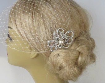 Wedding Bridal Birdcage Veil and a Bridal Hair Comb (2 Items),bridal veil,Weddings, Jewelry, Sterling Silver, Rinestone, Crystal,pearl