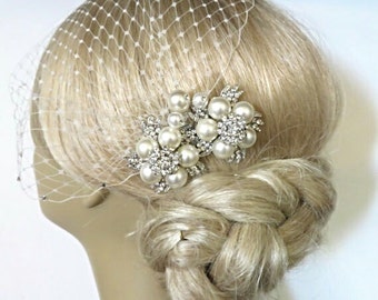 Bridal Pearls Hair Comb and a Wedding Bridal Birdcage Veil bridal veil Bridal Headpiece Blusher Bird Cage Veil accessories Wedding comb
