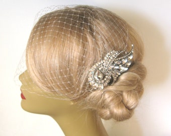 Birdcage Veil and a Hair Comb -(2 Items) - Bridal Headpiece,Rhinestone Bridal Comb, Weddings,Blusher Bird Cage Veil