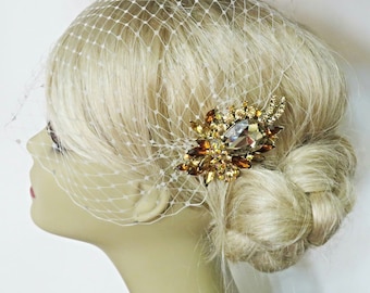 Birdcage Veil  and a Bridal Hair Comb (2 Items) Champagne Topaz  Rhinestone Bridal Comb