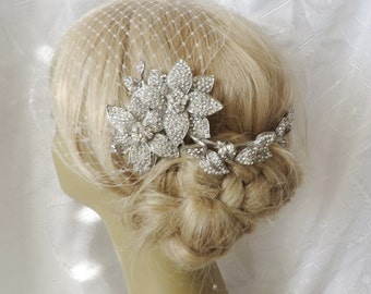 Bridal Hair Comb  and a Birdcage Veil (2 Items), bridal veil,Bridal Comb, Wedding Comb, Rhinestone Comb, Crystal Comb,  Pearl Hair Comb