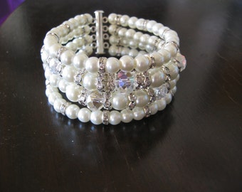 Bridal Pearl Bracelet 4 Strand Pearl Ivory Pearl Bridal Bracelet, Wedding Jewelry Bracelet, Statement Bridal Cuff Bracelet, Bridal Jewellery